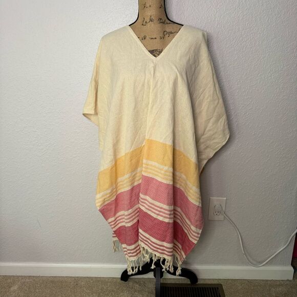 Tribe Alive Poncho One Size Pink Striped Fringed Cotton Beach Cover Up Boho - Picture 1 of 6
